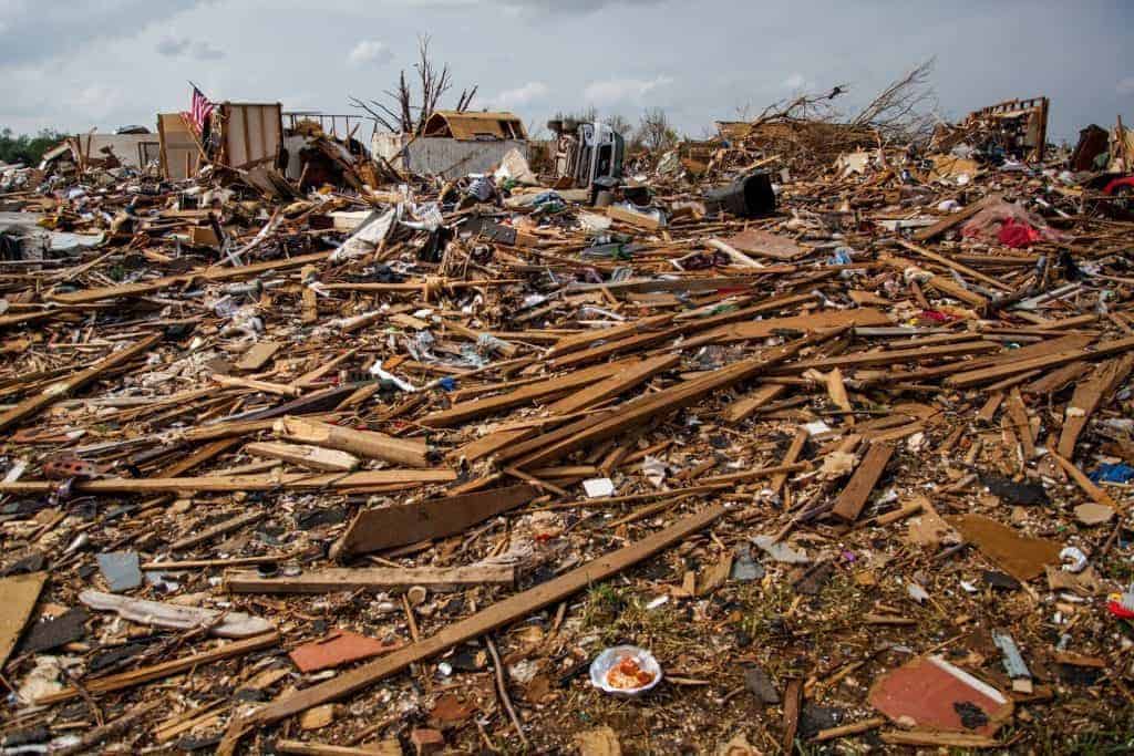 A tornado in Moore, Oklahoma levels a site built neighborhood.