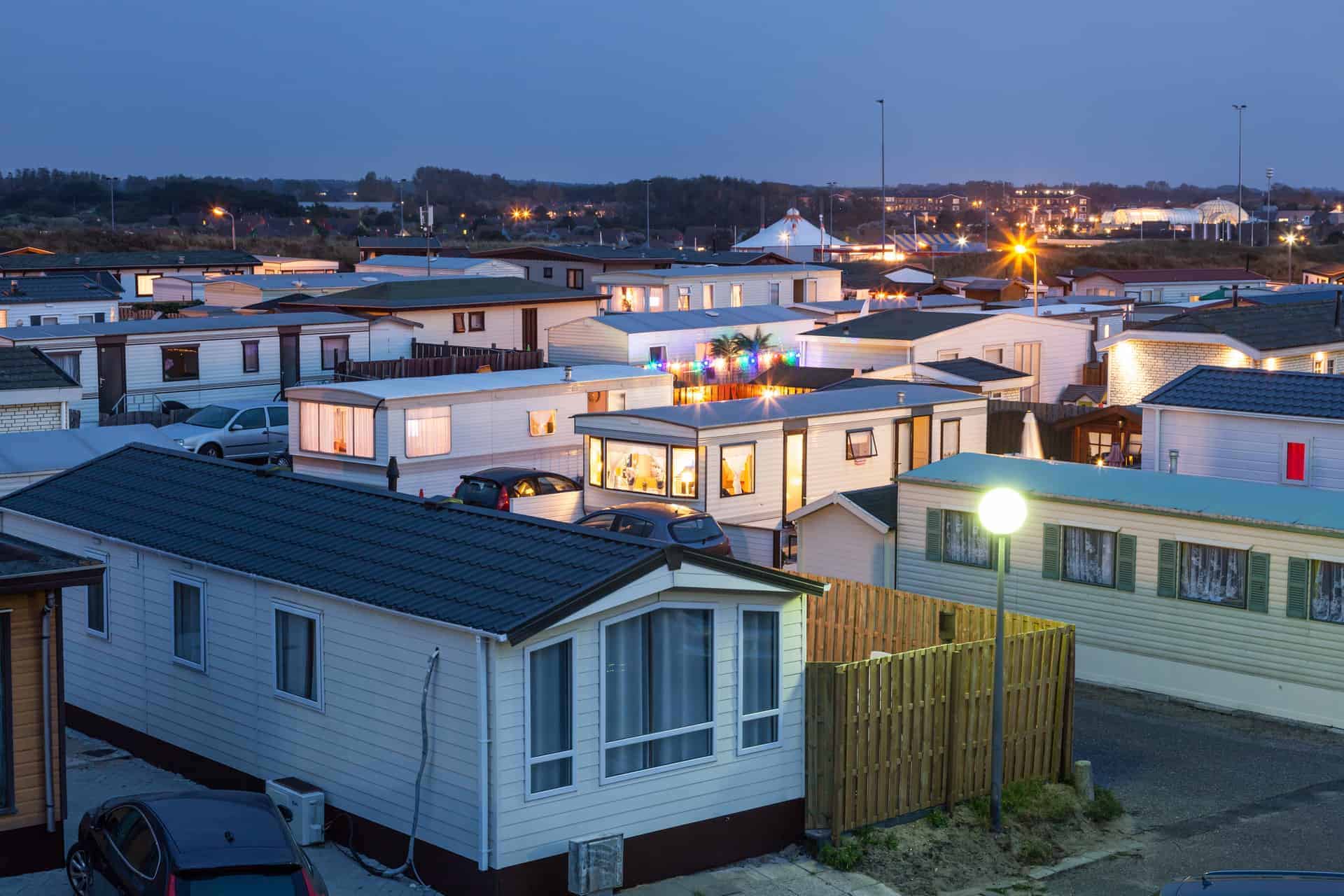 Trailer park illuminated at dusk