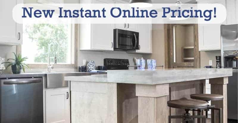 Mobile Home kitchen with "New Instant Online Pricing" Banner