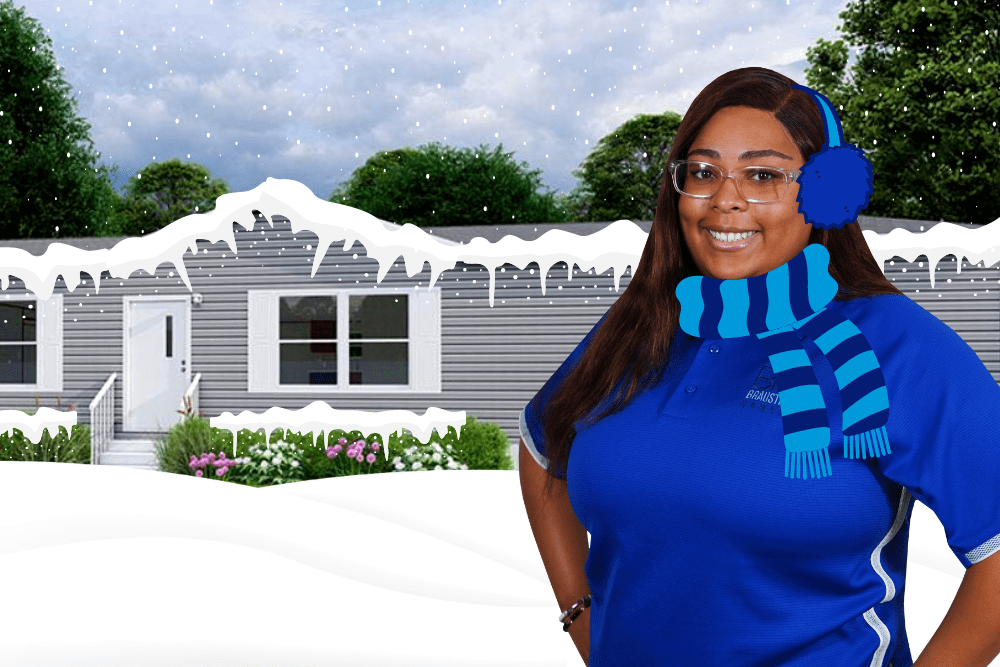 Woman wearing blue scarf infront of the mobile home