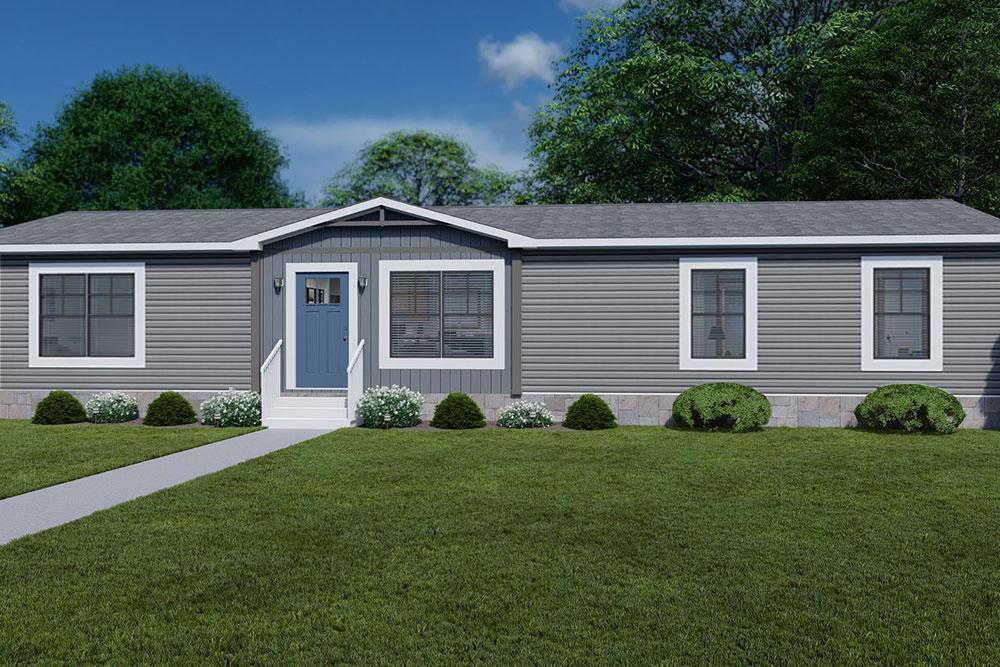 Clayton NXT Model Loralei Mobile Home with Pewter Cast Vinyl Siding and Web Grey Insert with Blue Artisian Door