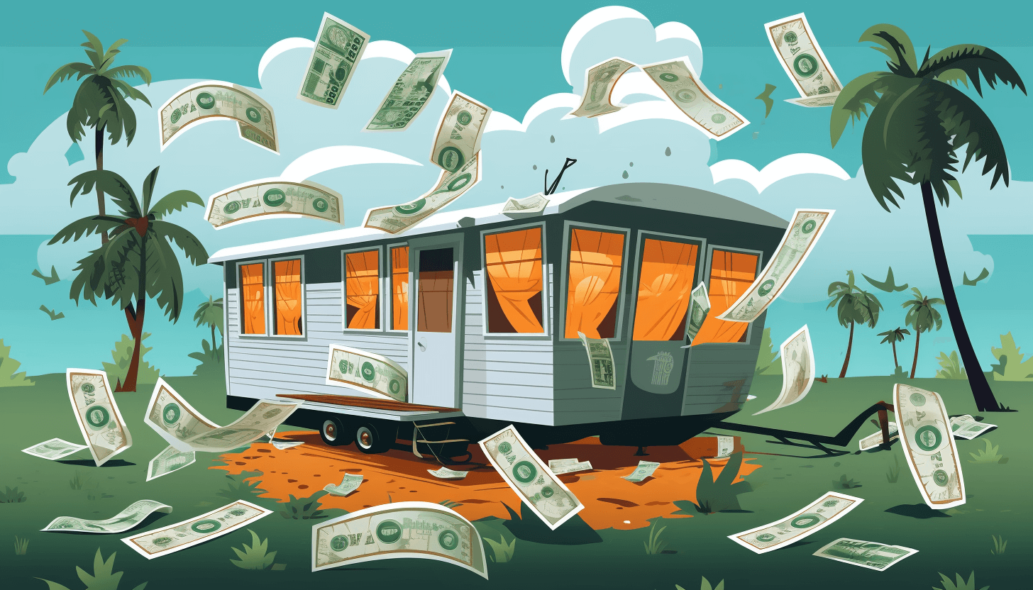 A mobile home with dollar bills flying around it