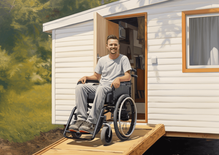A man using his newly built wheelchair ramp at his mobile home