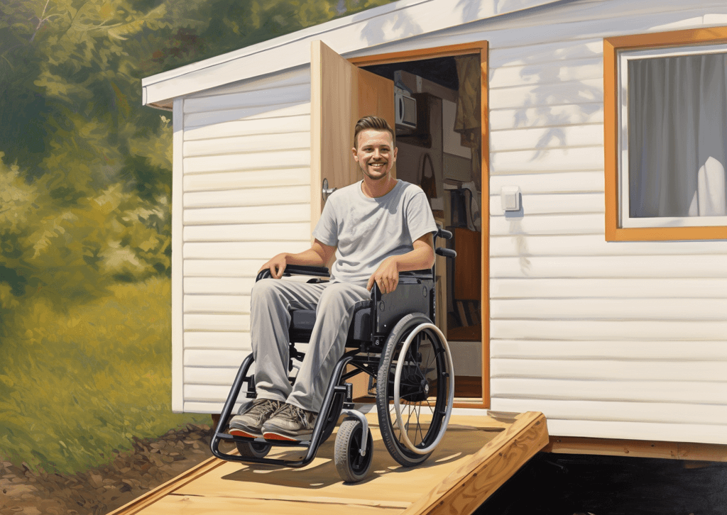 A man using his newly built wheelchair ramp at his mobile home