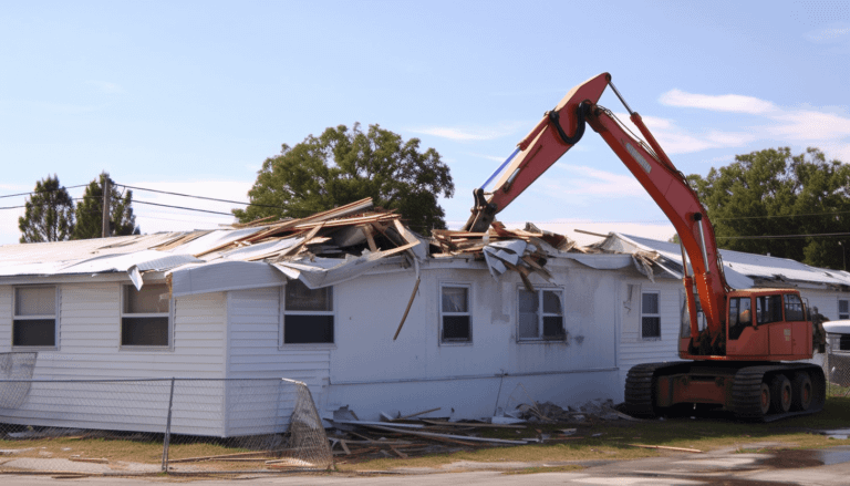 a piece of machinery demolishing a mobile home