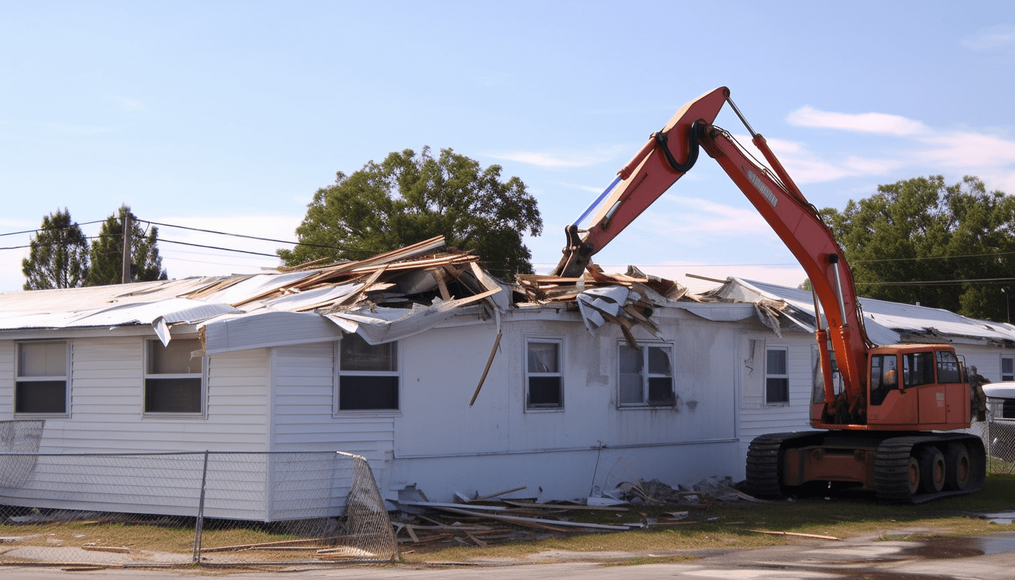 a piece of machinery demolishing a mobile home
