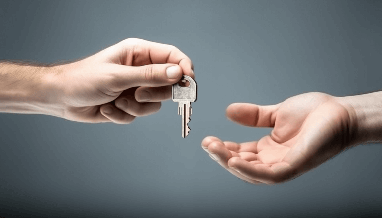 A person handing a mobile home key to another person