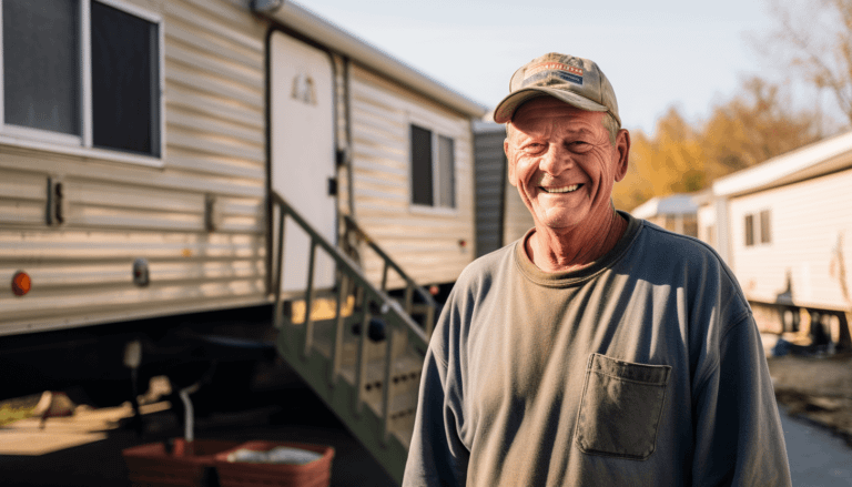 A veteran standing in front of a mobile home