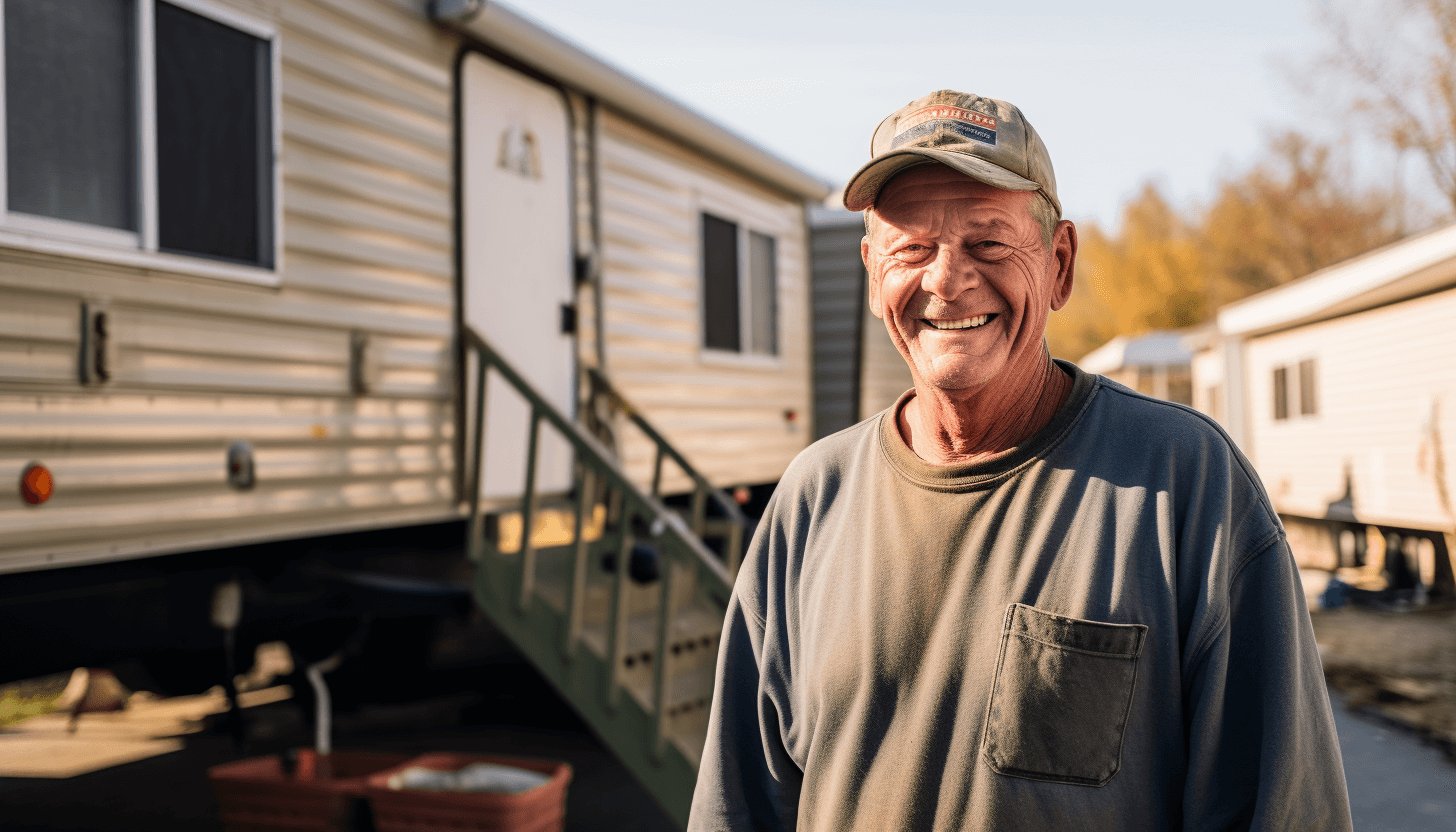 A veteran standing in front of a mobile home