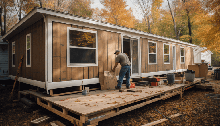 A man expanding his mobile home