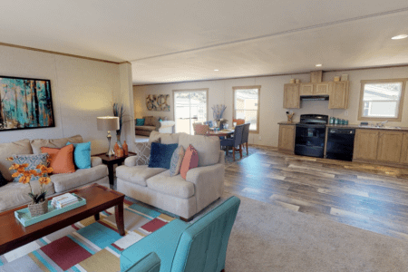 Oak Creek Nexus TXR Taurus Double Wide Manufactured Home Interior Open Floor Plan Kitchen and 2 Living Spaces
