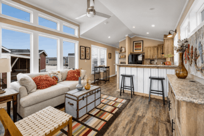 Champion Mansfield Tiny Homes THS1448AV Single Wide Manufactured Home Interior View Open Concept Living Space and Kitchen